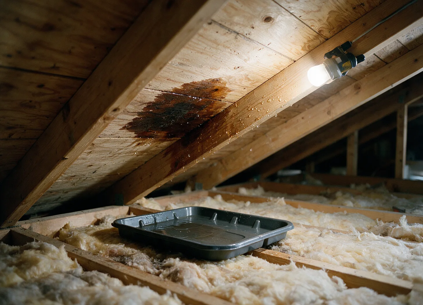 A drip pan in an attic