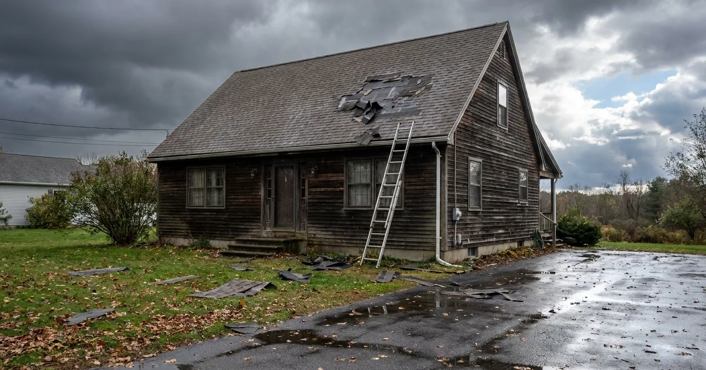 A two-story home roof after a storm